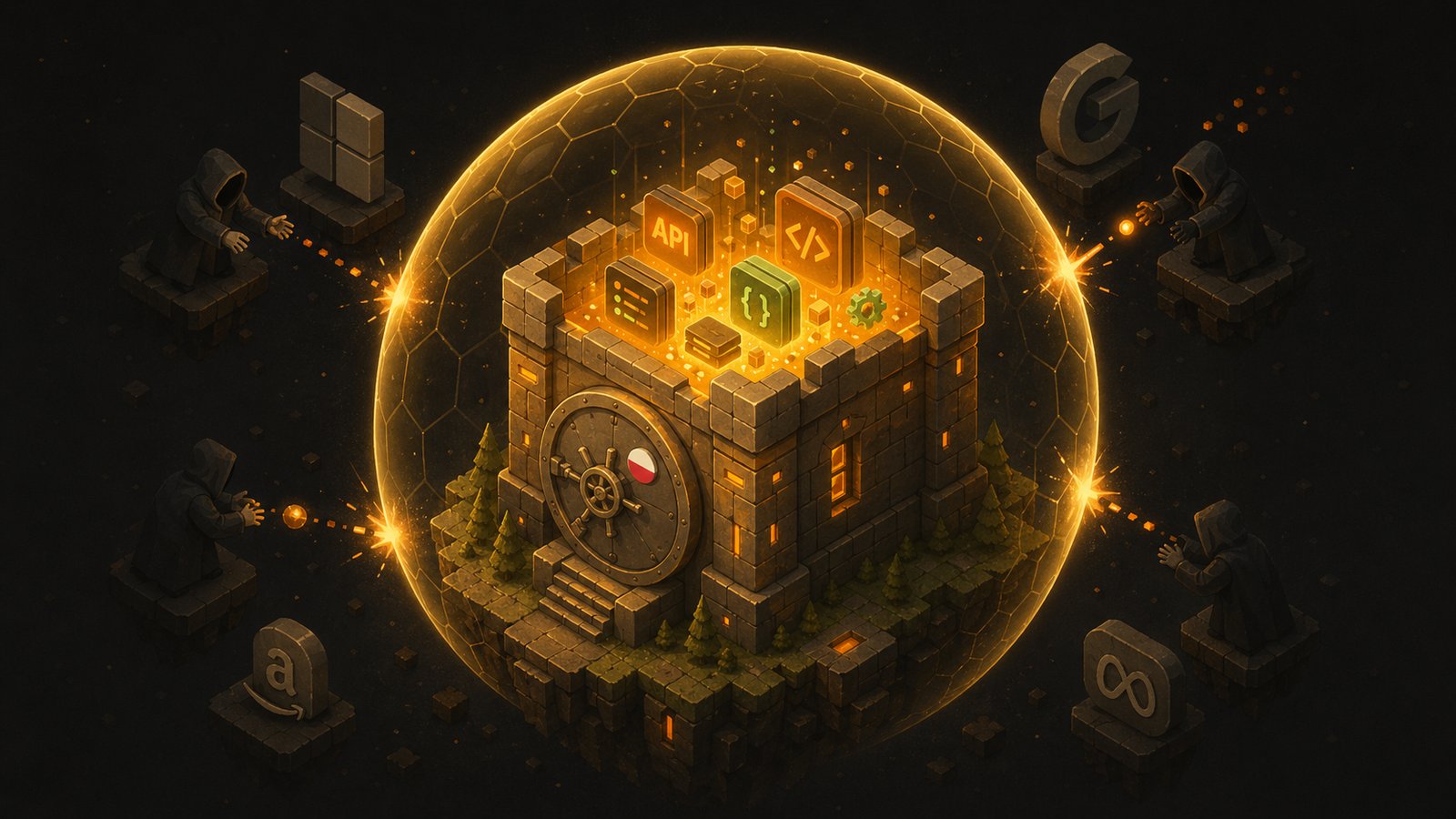 Stylizowany skarbiec z ikonami API w środku, pod ochroną złotej tarczy — sovereign cloud illustration